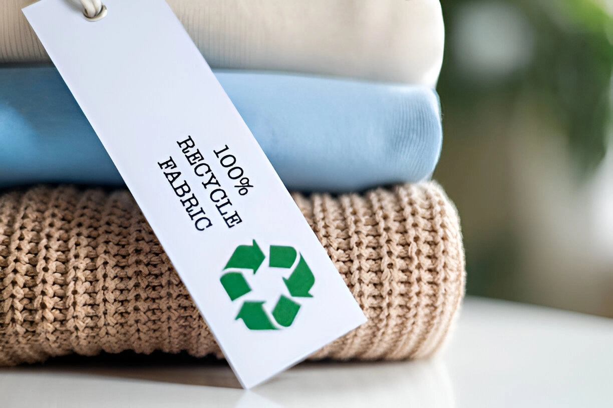 Stack of sustainable garments with a 100% recycled fabric tag managed by MMS.