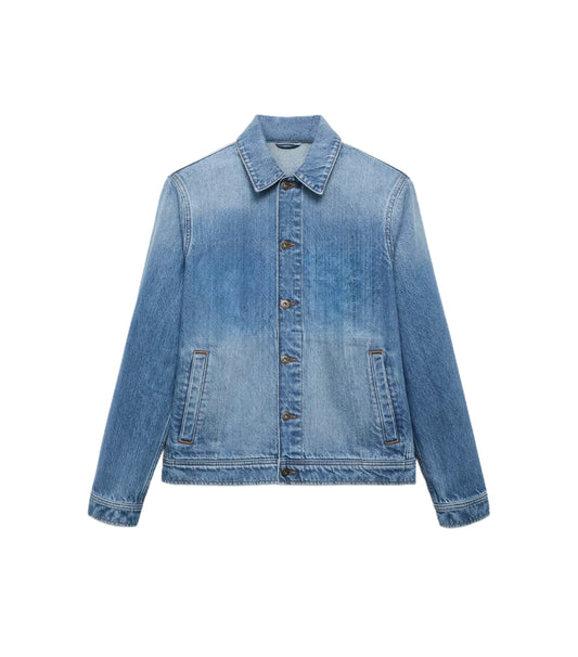 Custom oversized denim jacket sample with bespoke stone wash and branded metal buttons by Middleman Sourcing