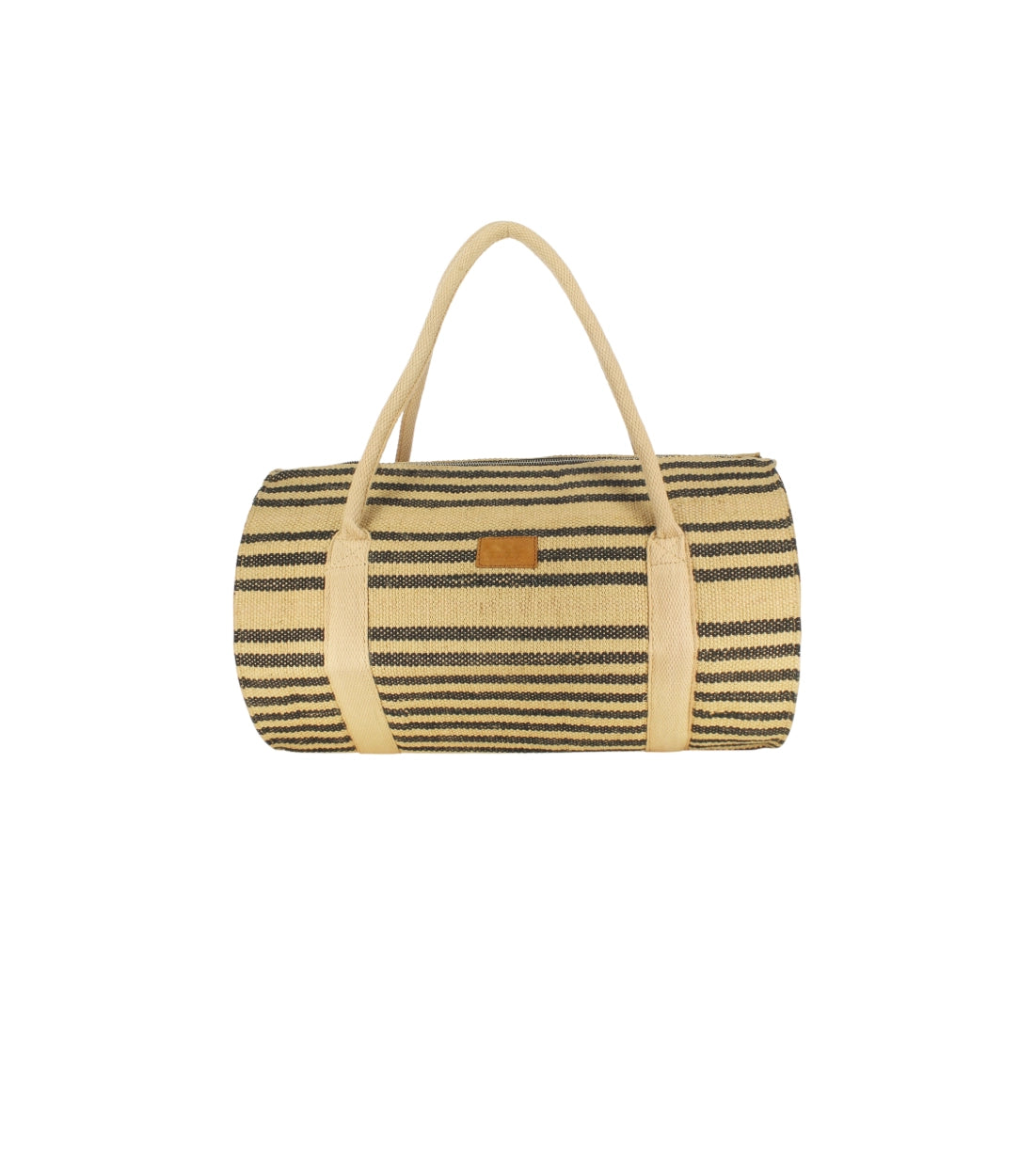 Custom eco-friendly jute duffle bag sample with heavy-duty cotton webbing straps and internal lining by Middleman Sourcing.