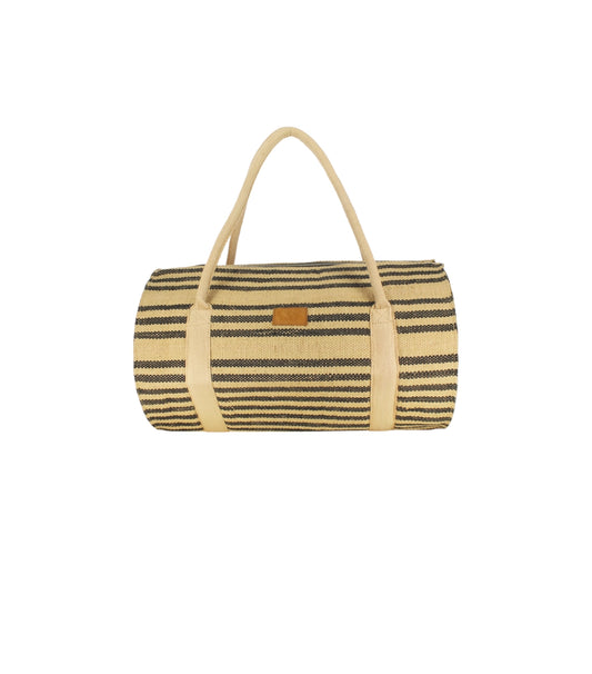 Custom eco-friendly jute duffle bag sample with heavy-duty cotton webbing straps and internal lining by Middleman Sourcing.