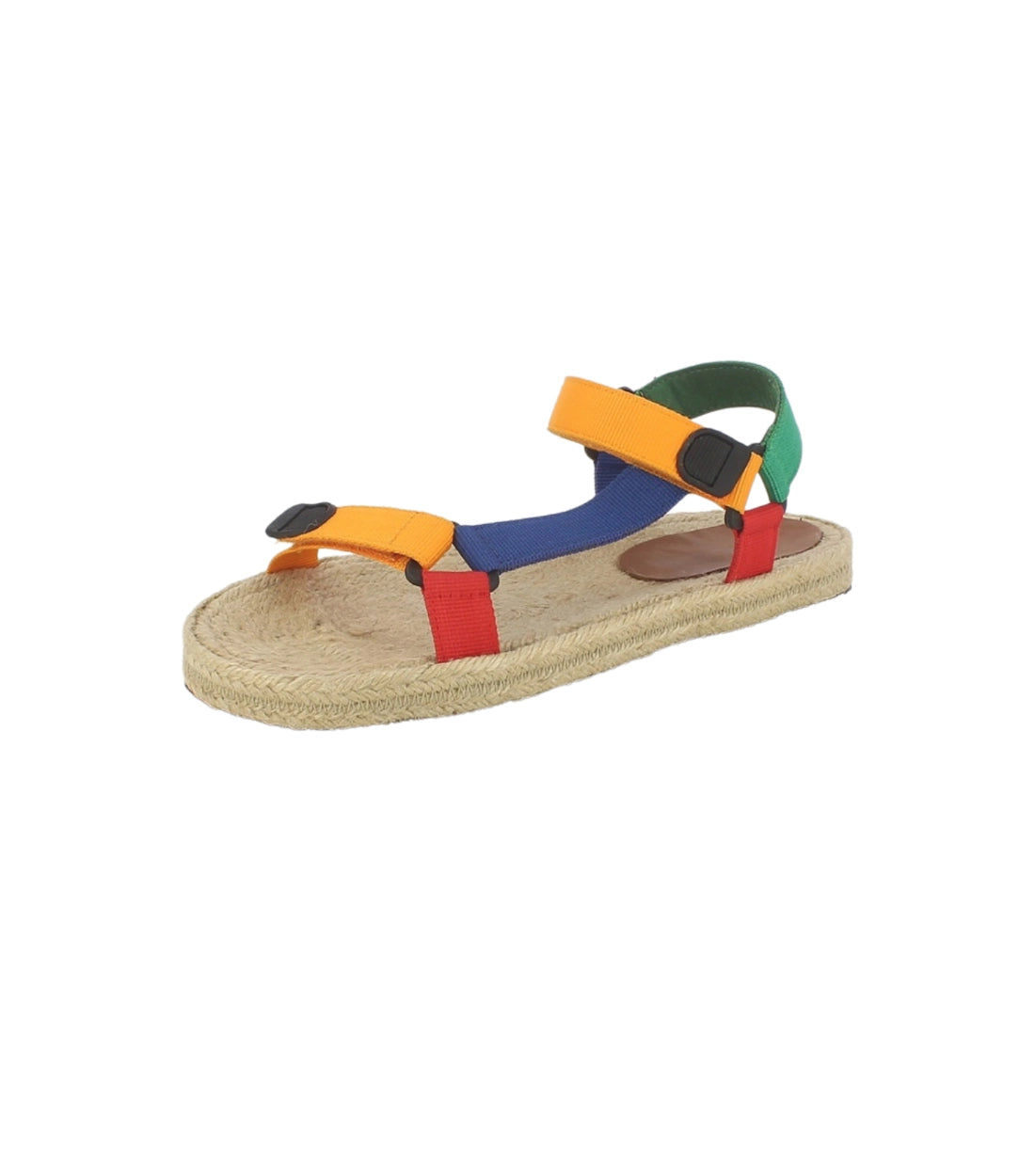 Men's flip flop with multi-color synthetic lace, Velcro straps, and a cemented jute sole by Middleman Sourcing.