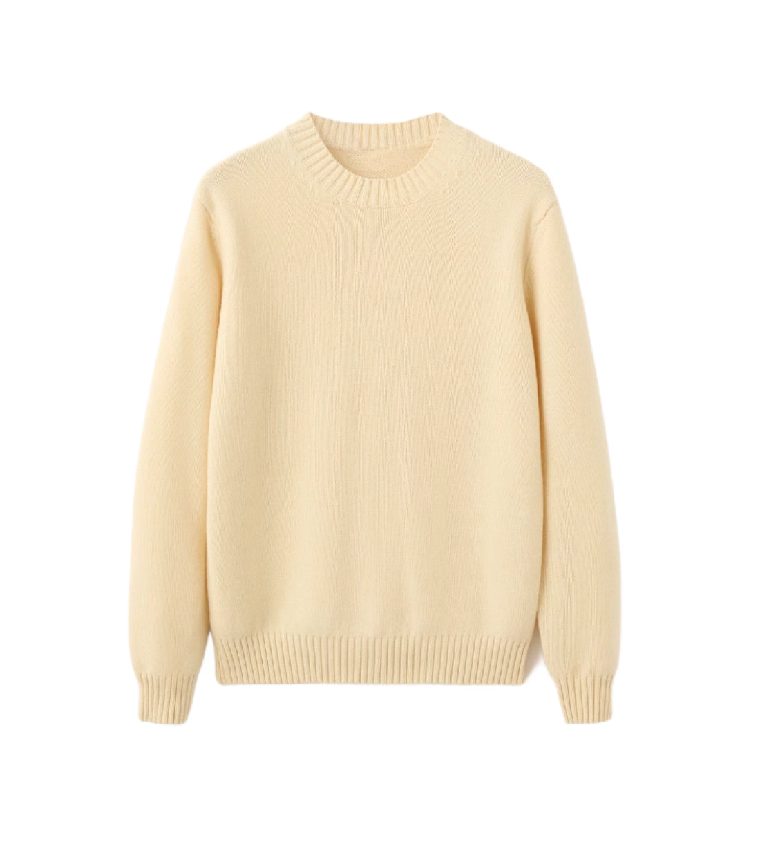 Custom fully fashioned knit sweater sample with ribbed neck and premium yarn finish by Middleman Sourcing.