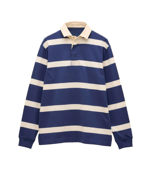 Custom heavyweight rugby polo sample with contrast woven collar and concealed placket by Middleman Sourcing.