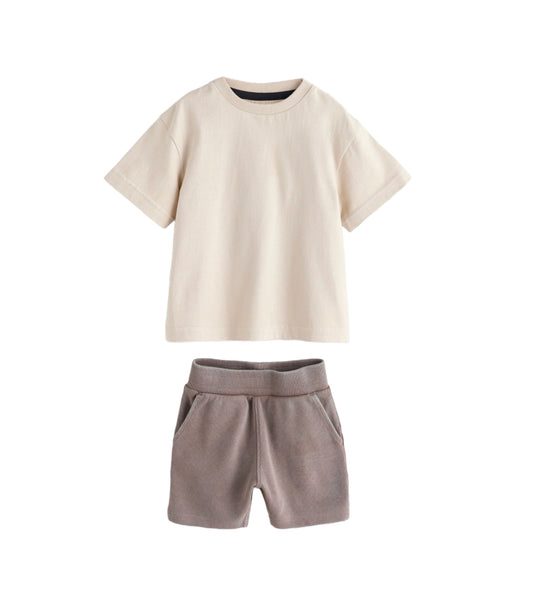 Custom coordinated T-shirt and shorts set sample with matching fabric and screen printing by Middleman Sourcing.